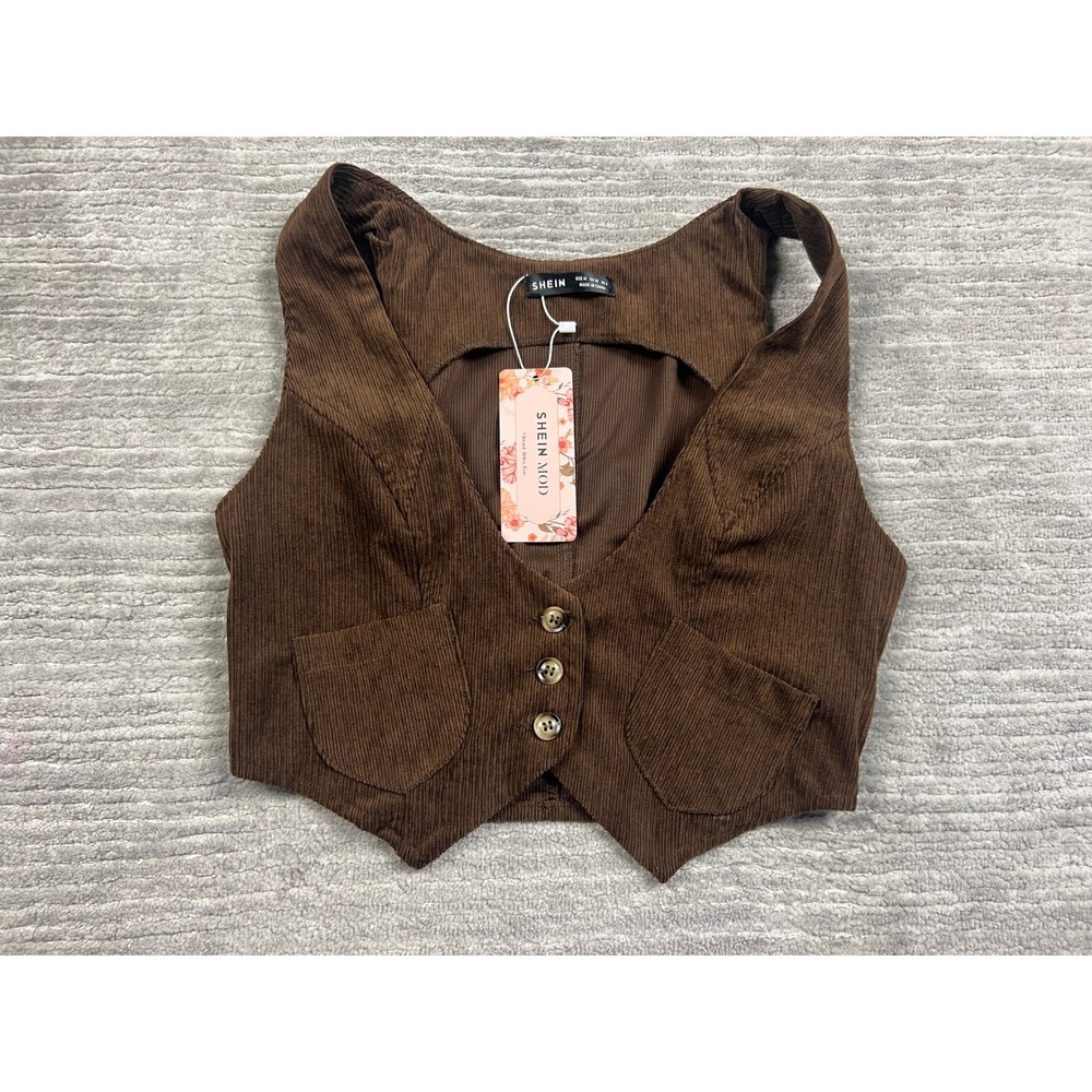 SHEIN Vest Womens Medium Brown MOD Corduroy Cropped Button Back Cutout Retro